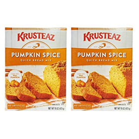 Krusteaz Pumpkin Spice Quick Bread Mix box highlights real pumpkin for cozy autumn baking.