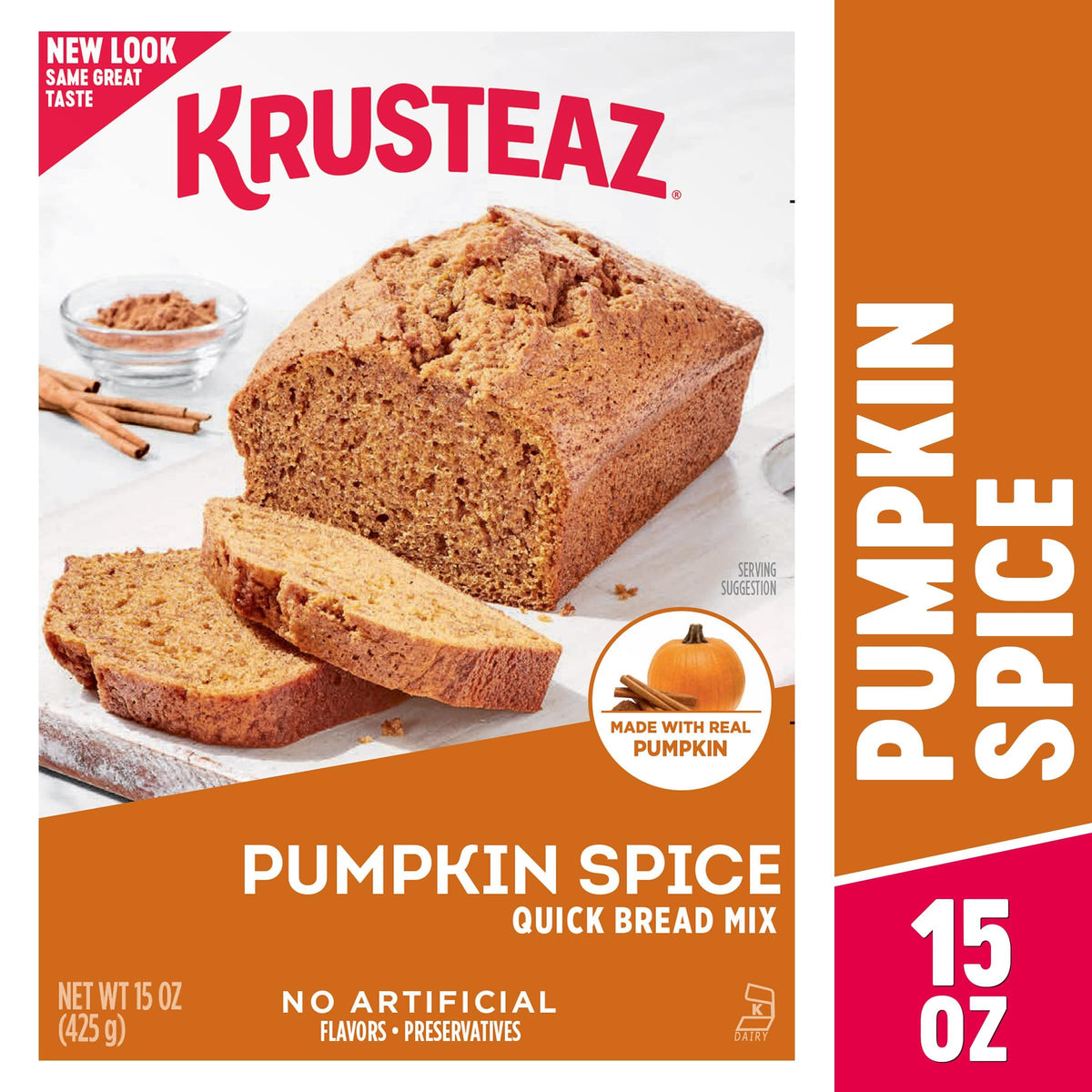 Krusteaz Pumpkin Spice Quick Bread Mix box shows two 15-ounce boxes for easy stocking.