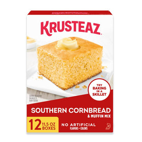 Krusteaz Southern Cornbread Muffin Mix pack on a shelf for quick meals.