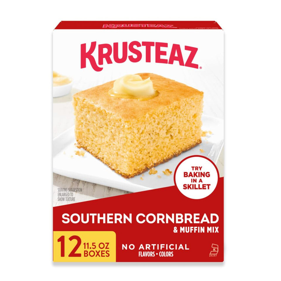 Krusteaz Southern Cornbread Muffin Mix pack on a shelf for quick meals.