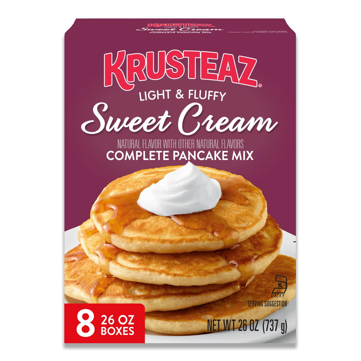 Krusteaz Sweet Cream Pancake Mix box ready for quick, fluffy breakfasts.