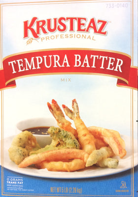 Krusteaz Tempura Batter Mix packaging shows a bulk 5-pound box for kitchens.