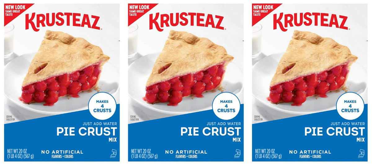 Krusteaz traditional pie crust mix box on countertop for quick baking.