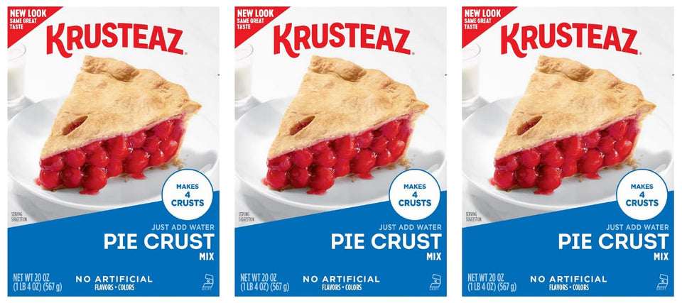Krusteaz traditional pie crust mix box on countertop for quick baking.