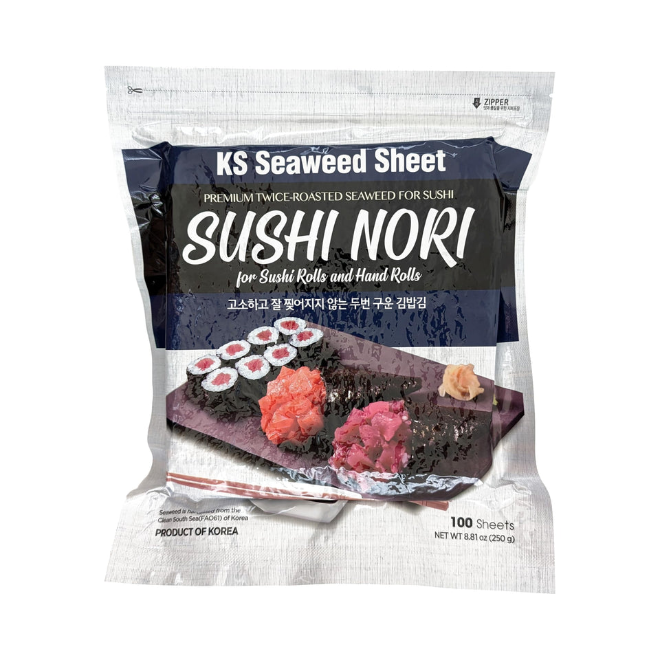 KS Twice Roasted Seaweed Sheets in aluminum packaging preserve freshness for long-term pantry storage.