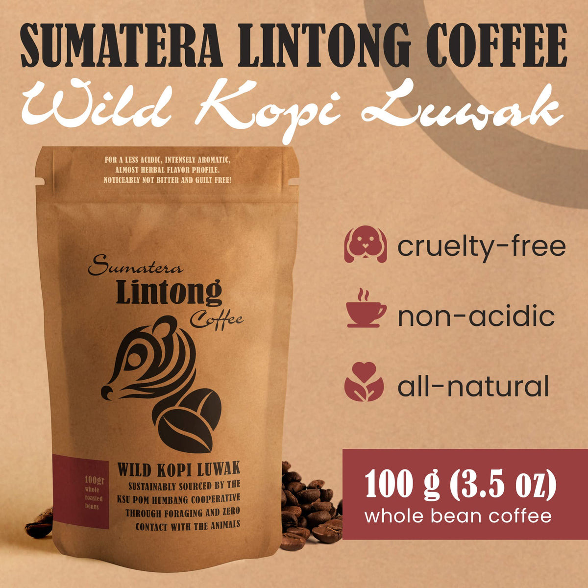 Ksu Pom Humbang Cooperative Wild Kopi Luwak whole beans highlight earthy, robust flavor