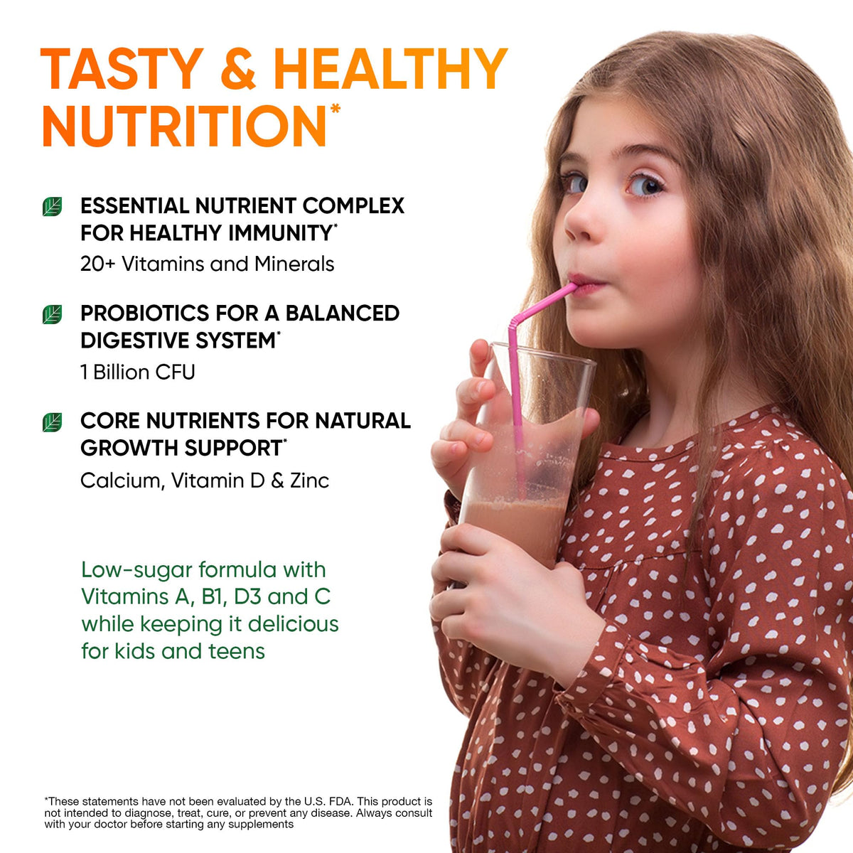 KTD BIOLABS Kids Protein Shake vitamin and mineral label highlights nutrients.