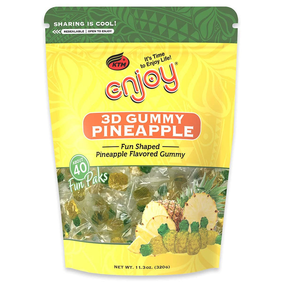 KTM Enjoy 3D pineapple gummy unwrapped, ideal for on-the-go snacking and sharing with friends.