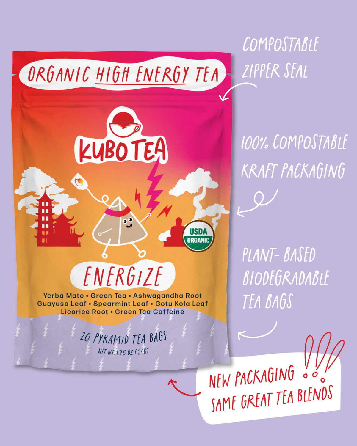 Kubo Energize ingredients organic yerba mate and green tea blend.