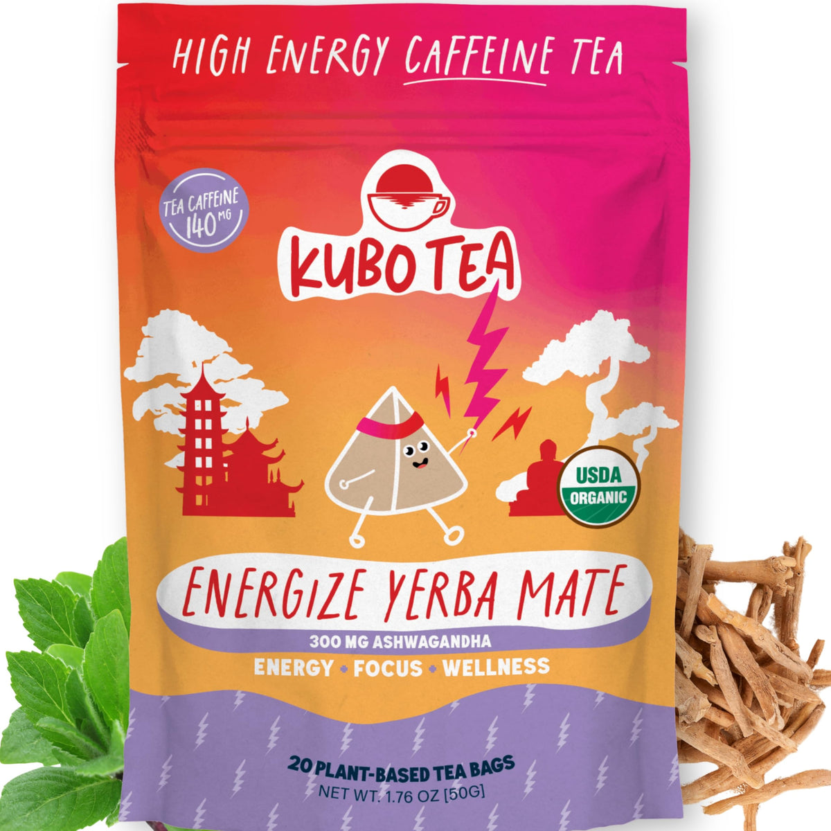 Kubo Energize yerba mate tea bags ready to brew for sharp focus and clean energy.