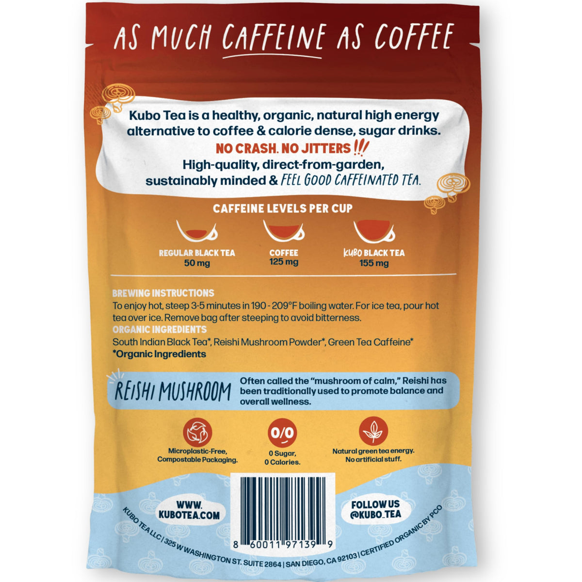 Kubo Tea branding on pouch emphasizing organic, clean ingredients.