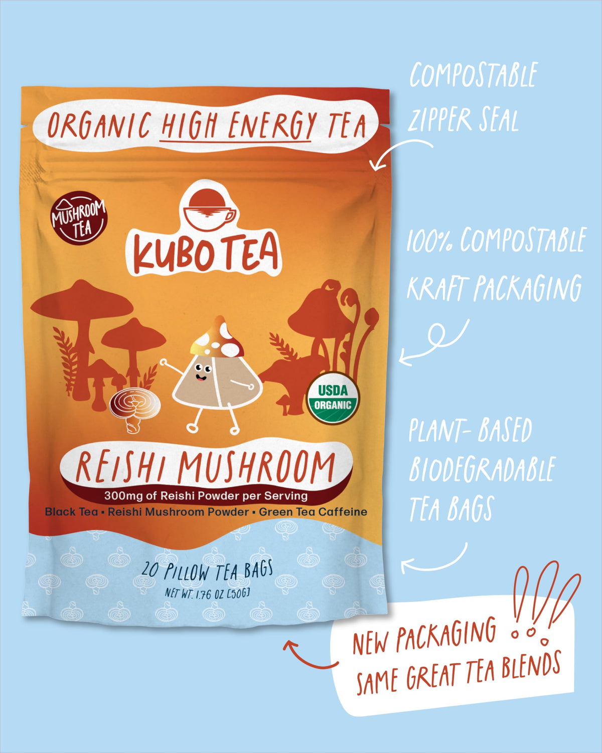 Kubo Tea compostable tea bags and recyclable packaging.