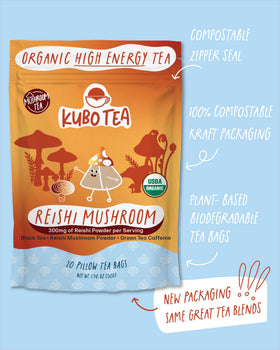 Kubo Tea compostable tea bags and recyclable packaging.