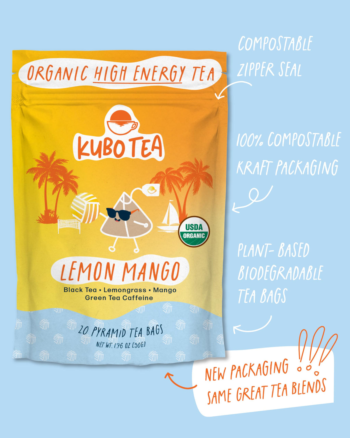 Kubo Tea compostable tea bags emphasize eco-friendly convenience.