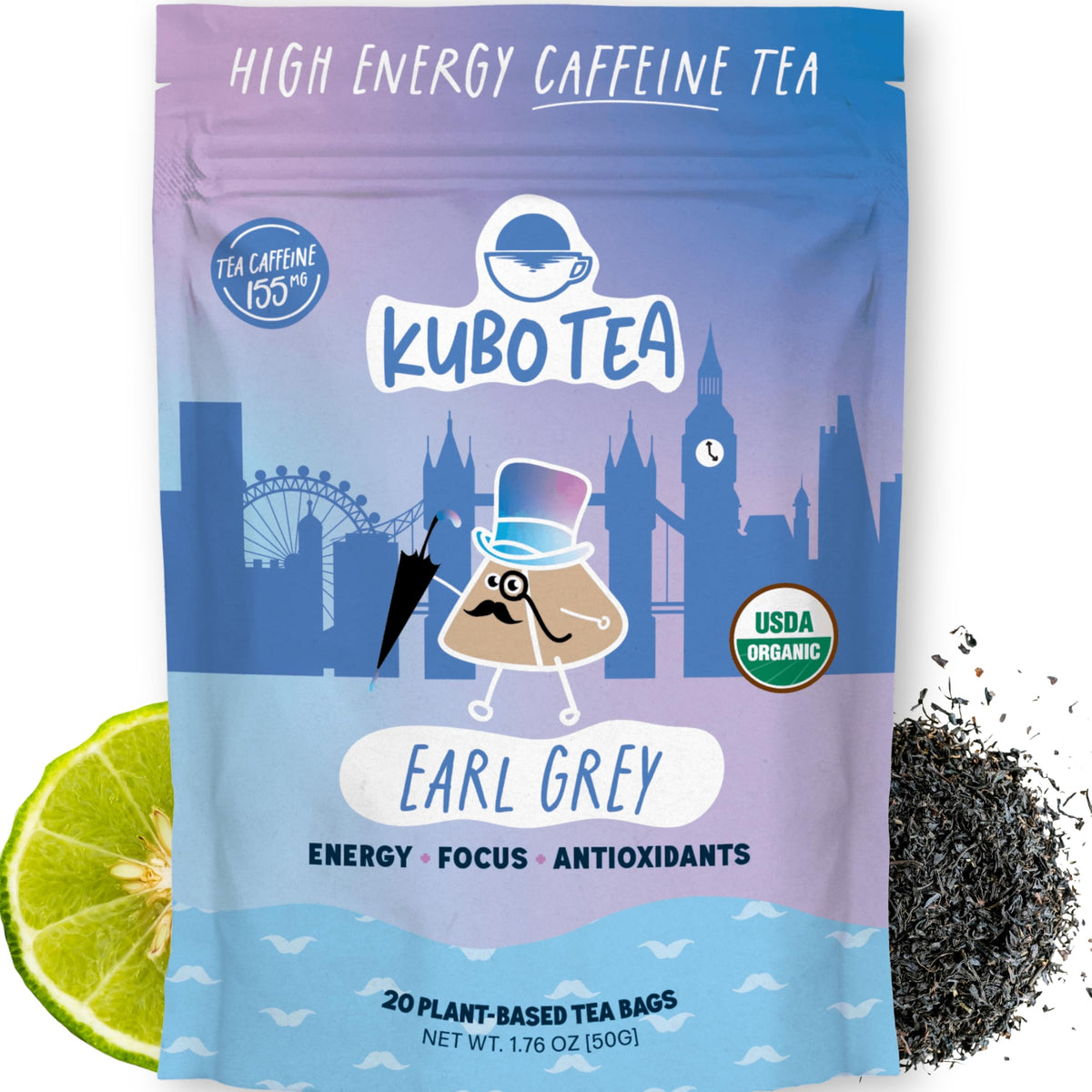 Kubo Tea Earl Grey tea bag being poured for a smooth, high-energy morning.