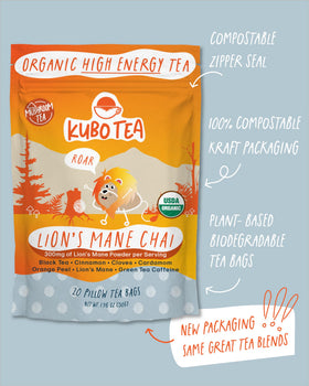 Kubo Tea Lion’s Mane chai with black tea base boosts focus naturally.