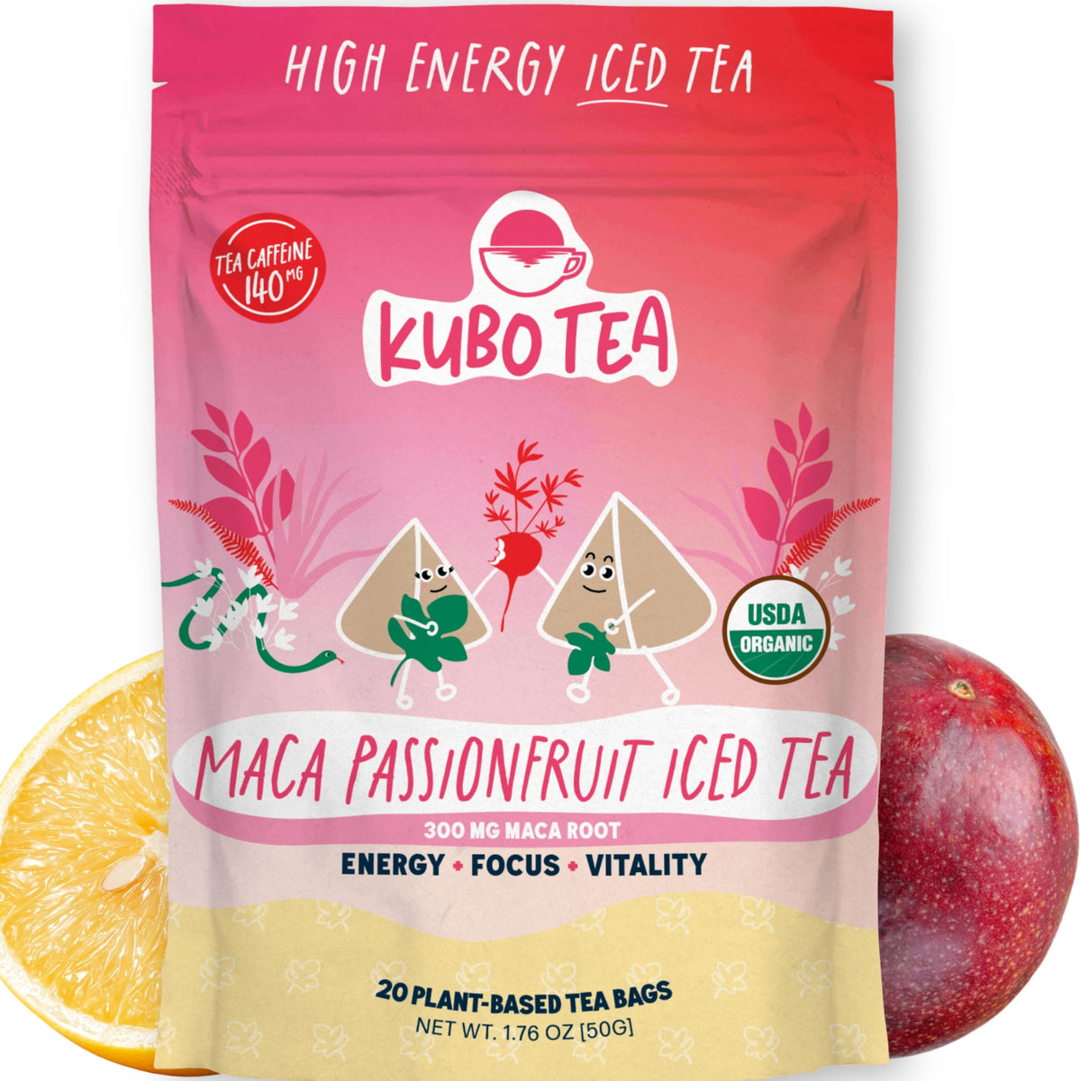 Kubo Tea high-caffeine tea packaging with compostable bags for eco-conscious drinkers.