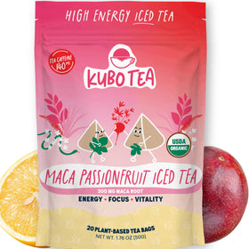 Kubo Tea high-caffeine tea packaging with compostable bags for eco-conscious drinkers.