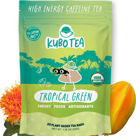 Kubo Tea high caffeine tropical green teabags closeup for focused mornings