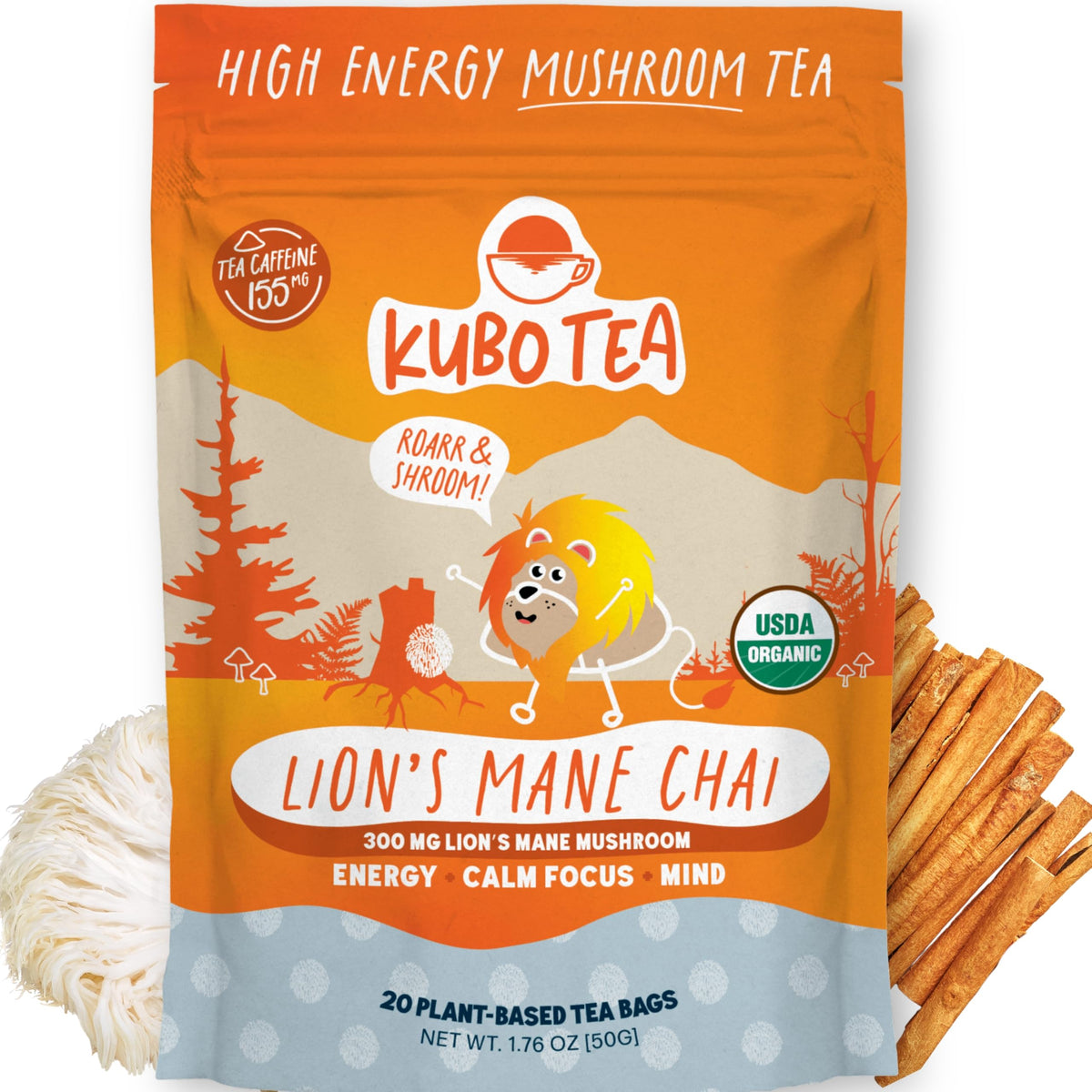 Kubo Tea Lion’s Mane Chai tea bags ready to brew for focused, crash-free energy.