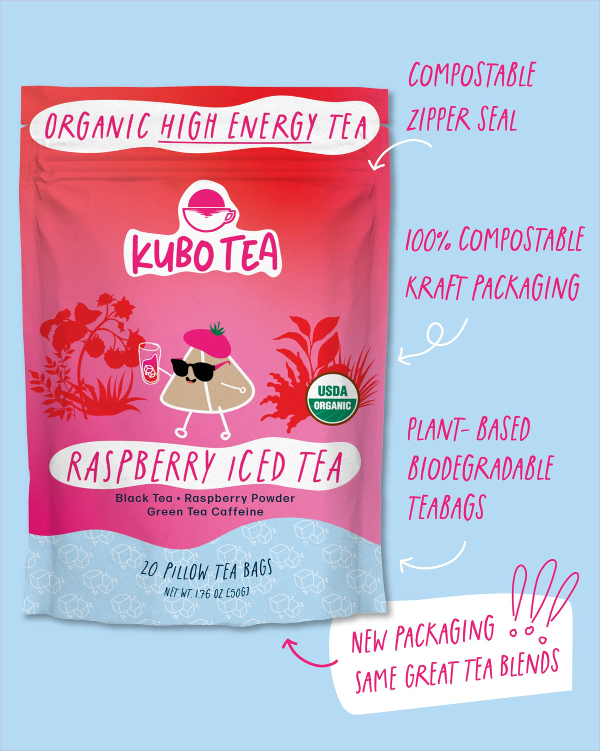 Kubo Tea packaging emphasizes organic, high-caffeine tea for steady energy.