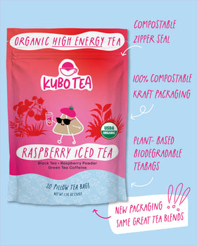 Kubo Tea packaging emphasizes organic, high-caffeine tea for steady energy.