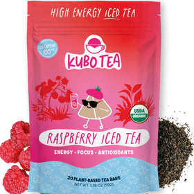 Kubo Tea Raspberry Iced Tea bags ready for energized brewing.
