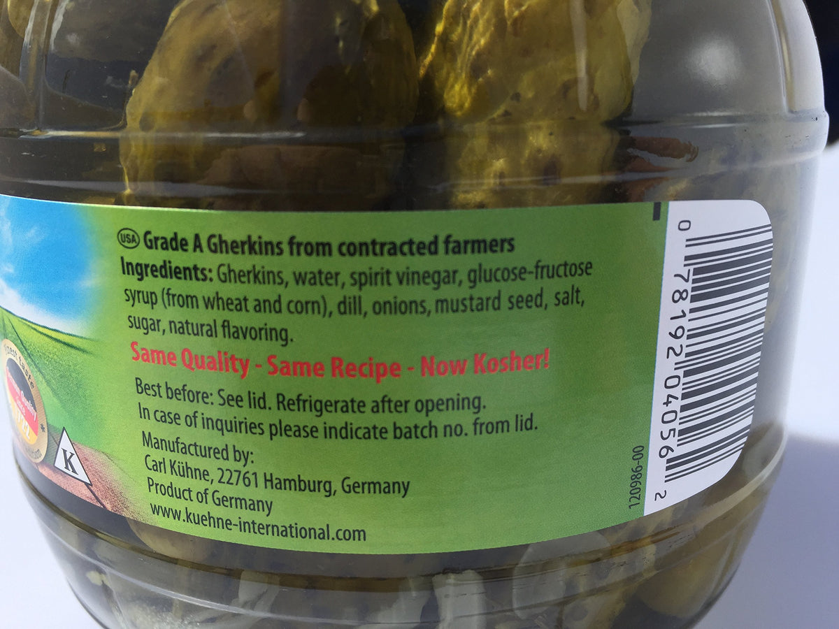 Kuehne kosher pickle slices from the glass barrel, great for potato salad or sandwiches.