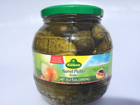 Kuehne kosher pickle in glass barrel jar with crisp whole spears, ideal for snacking.