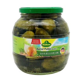 Kuhne Gundelsheim barrel pickles in a jar with crisp dill flavor.
