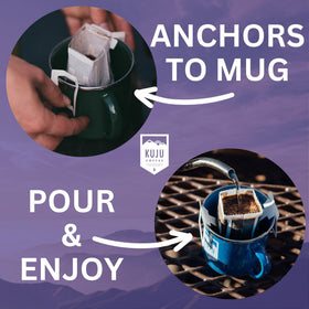 Kuju Coffee Bold Awakening dark roast bag releasing rich aroma for travel