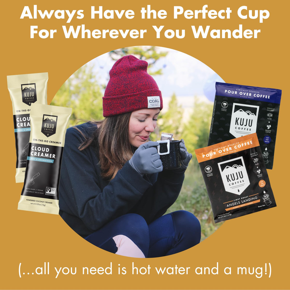 Kuju Coffee pour-over brewing in a mug in 1-2 minutes for a quick outdoors brew.