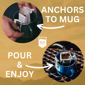 Kuju Coffee single-serve pouch close-up highlights fresh arabica beans and convenience.