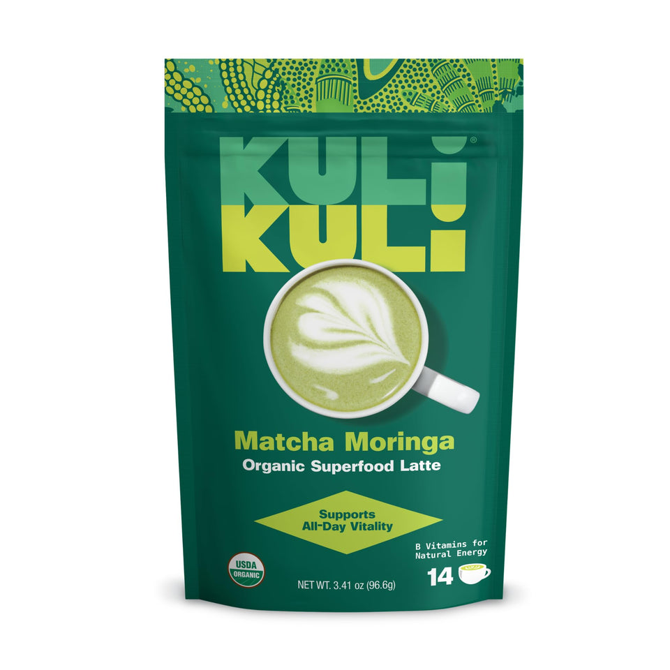 Kuli Kuli matcha-moringa latte powder tub ready for energizing cup