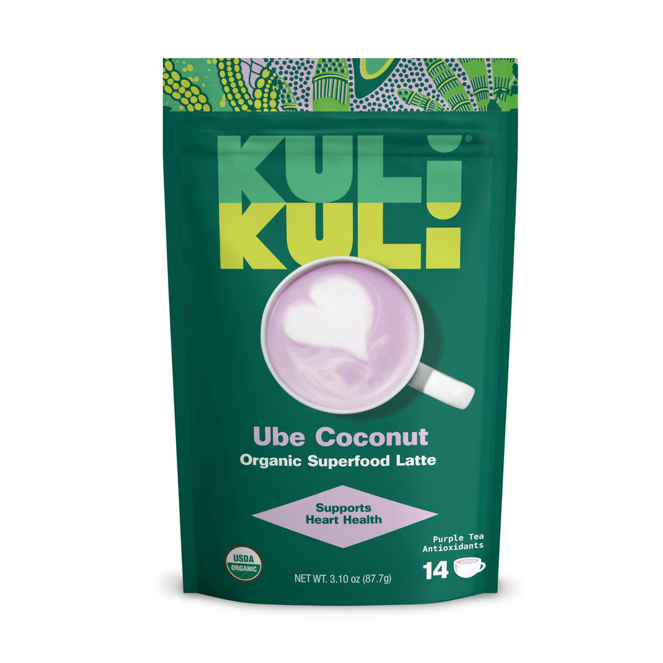 Kuli Kuli Ube Coconut Latte powder in a bag, antioxidant-rich and ready to mix