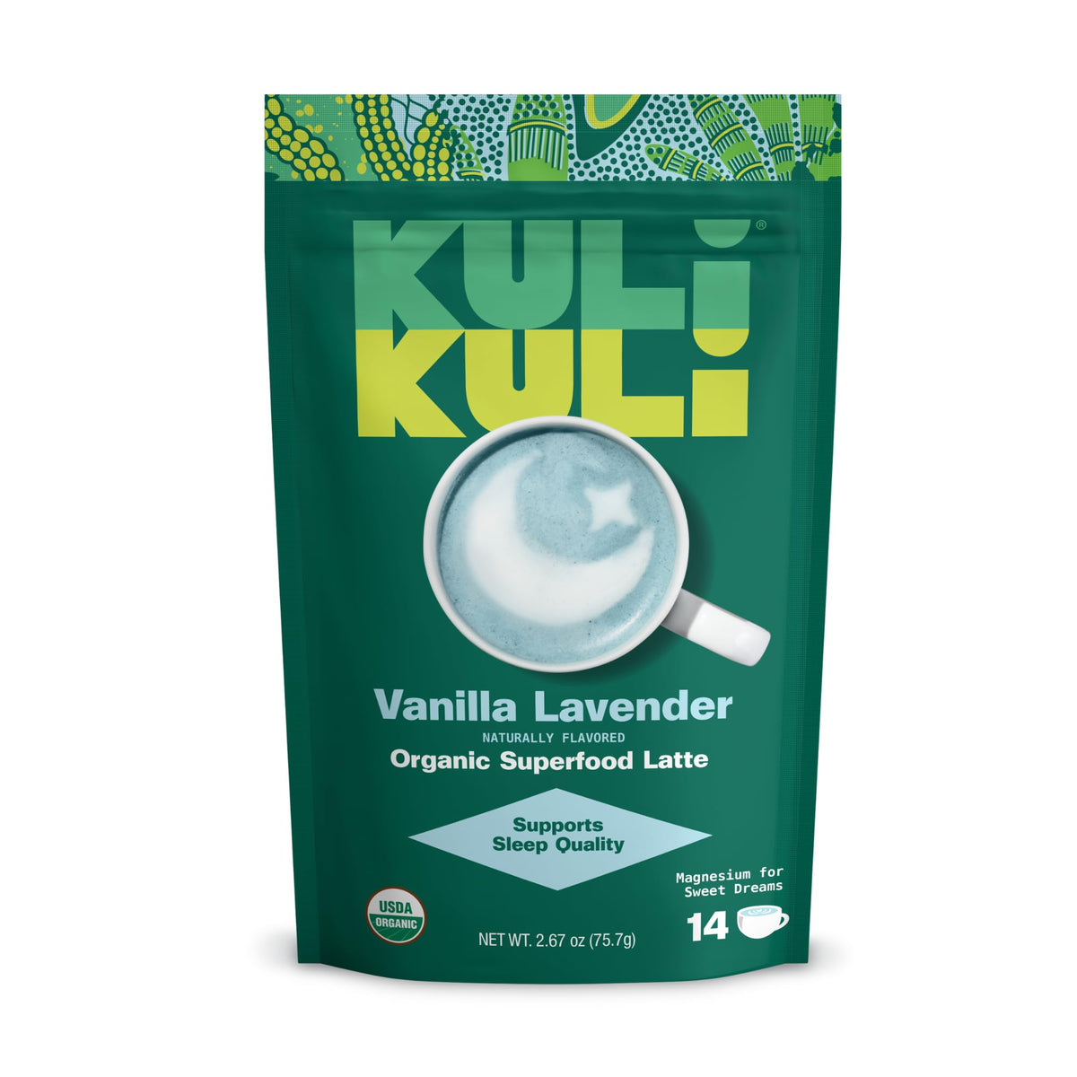 Kuli Kuli Vanilla Lavender Latte cup shows a calming nightly ritual with vanilla lavender aroma