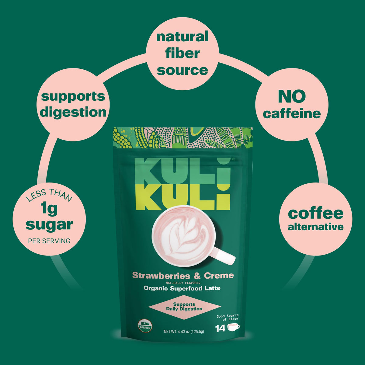 Frothy Kuli Kuli Latte cup ready to enjoy as a plant-based beverage.
