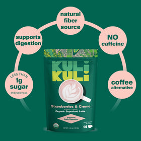 Frothy Kuli Kuli Latte cup ready to enjoy as a plant-based beverage.