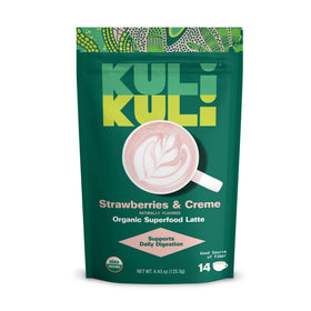 Kuli Kuli Strawberries & Creme Latte packaging highlights organic, non-GMO ingredients.