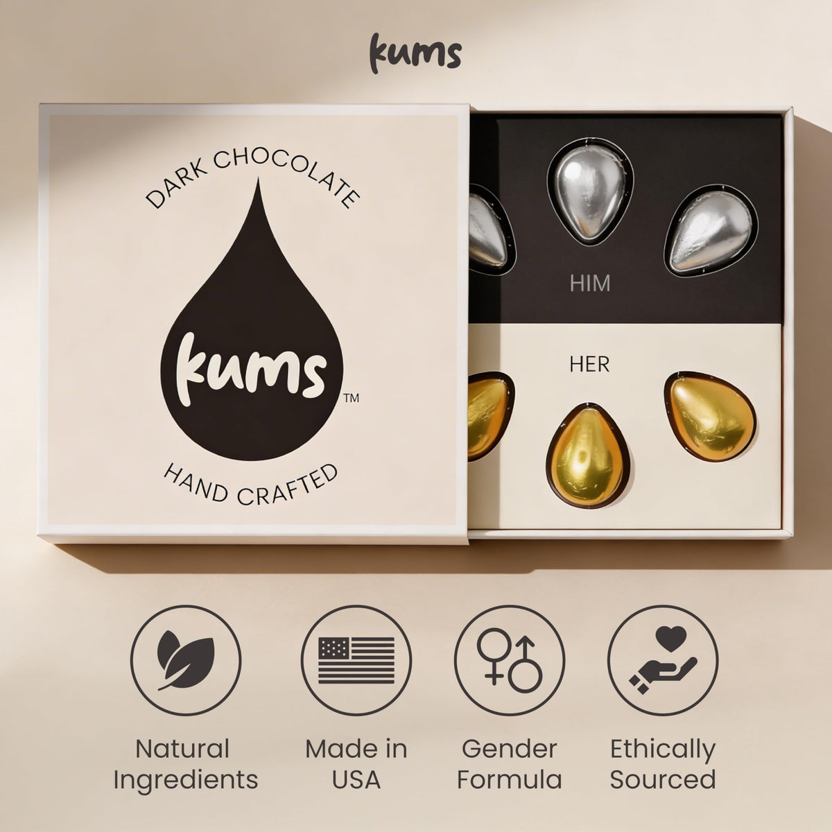 Kums Dark Chocolate Tabs foil-wrapped pieces ensure freshness and ease of portioning.
