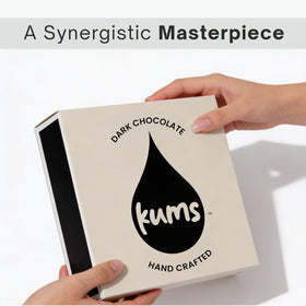 Kums Dark Chocolate Tabs packaging closeup emphasizes sleek design and premium chocolate.