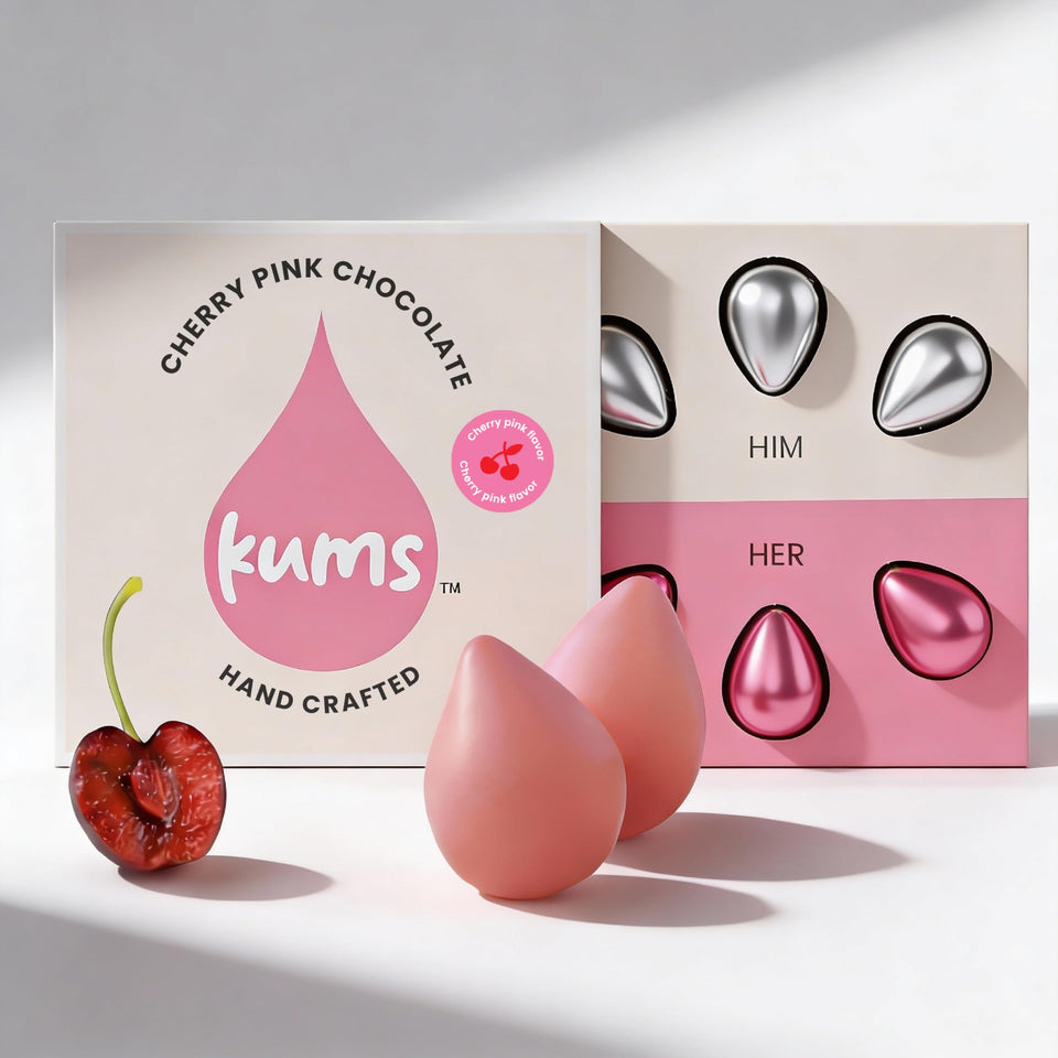 Kums Pink Cherry Rose Chocolate Tabs box front view, ideal for couples' date night