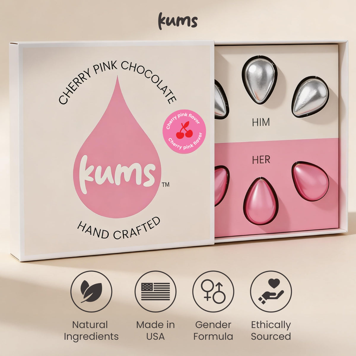 Kums Pink Cherry Rose Chocolate Tabs gift box presentation, ready for gifting
