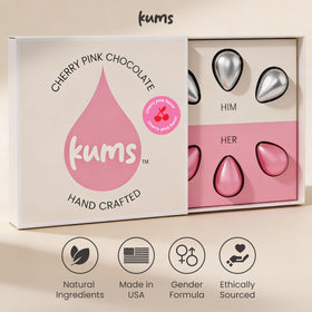 Kums Pink Cherry Rose Chocolate Tabs gift box presentation, ready for gifting