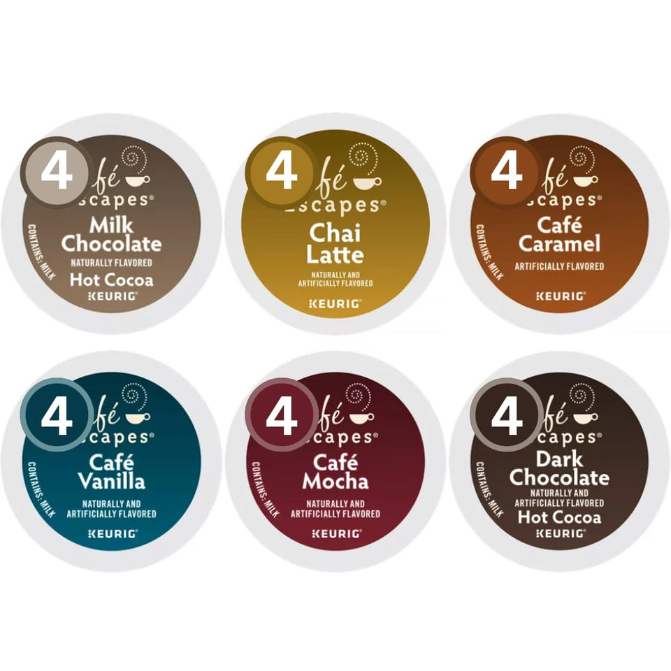 KUPIX coffee variety sampler box showing six Café Escapes flavors for Keurig brewers.