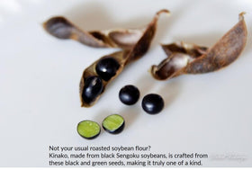 Kurosengoku flour concept for mochi or beverages with aroma hint.