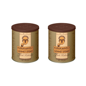 Kurukahveci Mehmet Efendi two-pack Turkish coffee ready for sharing with guests.