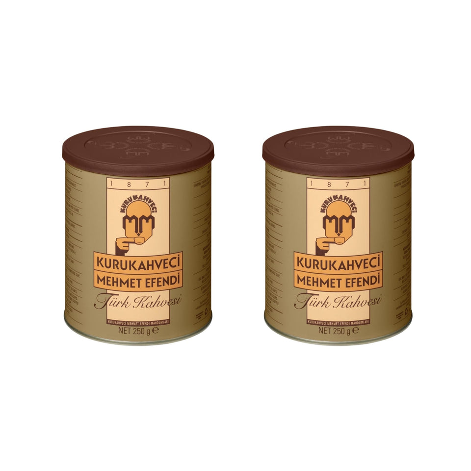 Kurukahveci Mehmet Efendi two-pack Turkish coffee ready for sharing with guests.