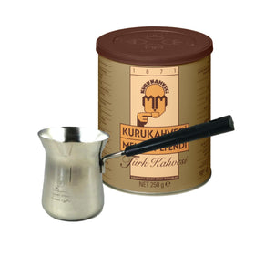 Kurukahveci Mehmet Efendi Turkish coffee set with cezve for authentic home brewing ritual.