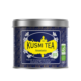 Kusmi Tea Anastasia tin reveals bergamot and lemon aroma for elegant rituals.